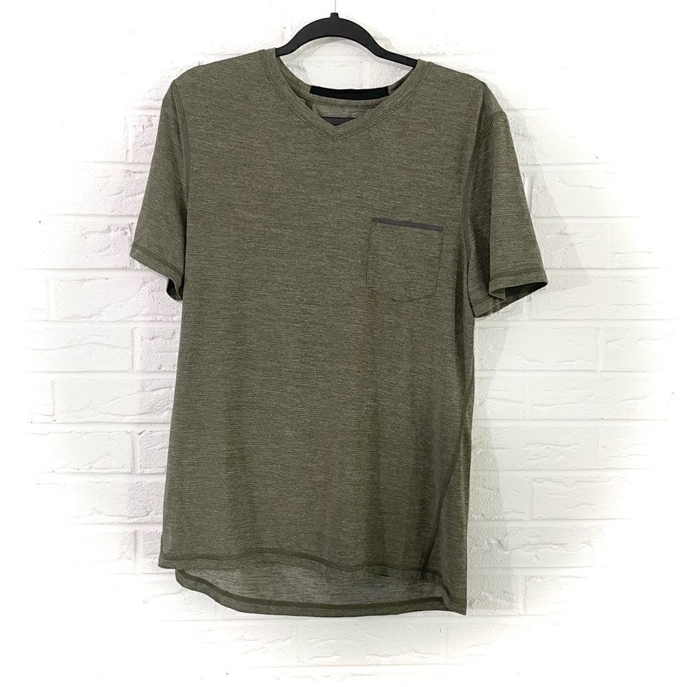 Lululemon Up Front Short Sleeve V-Neck Heathered Fatigue Green/Black Size Small